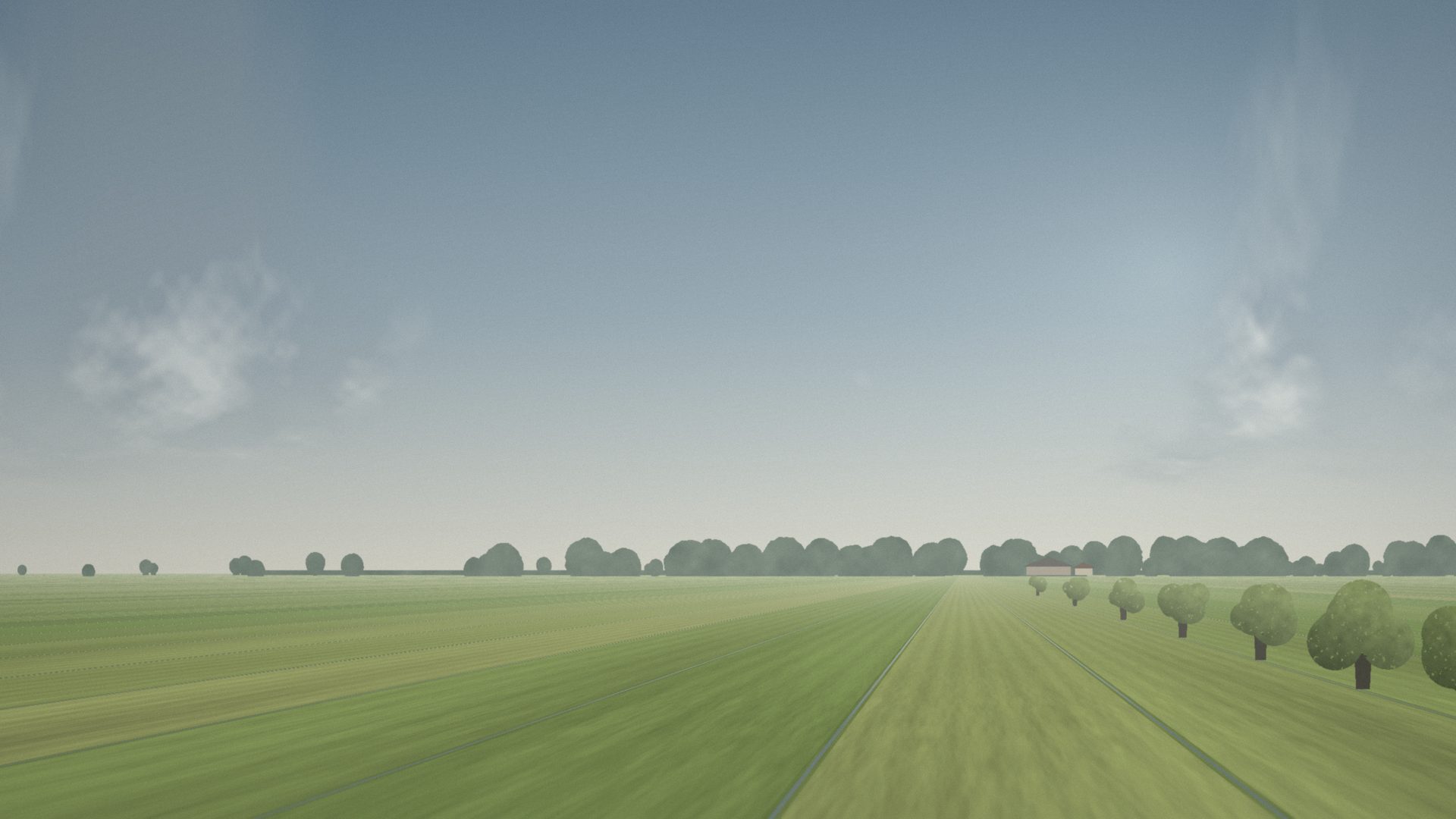 Illustratief polderlandschap met weilanden en een bomenrij